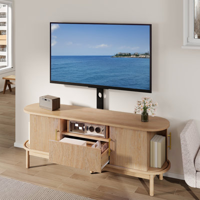 Fluted TV Stand with TV Mount, Entertainment Center with Sliding Doors, Adjustable Shelves & Storage Drawer for Living Room