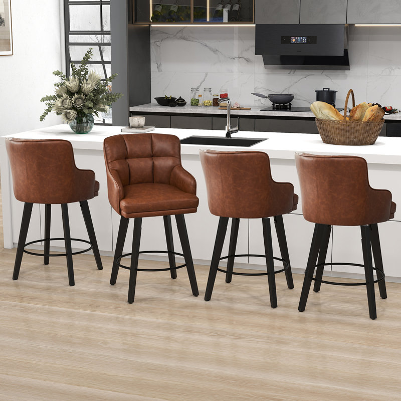 Tabouret de bar 26 po pivotant sur 360 ° à hauteur de comptoir 26 pi, chaises de îlot de cuisine avec pieds en bois, Brun, 4