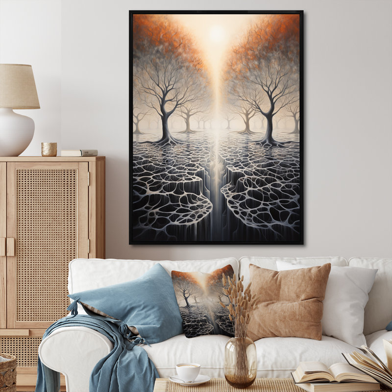 Surréalisme, arbre, racines célestes I sur toile, H 32 po x l 16 po x P 1 po, Cadre flottant noir