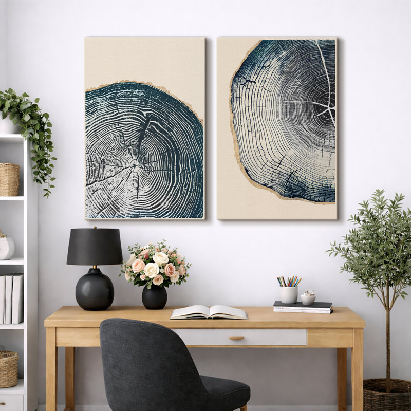 Tree Ring "Navy Blue Wood Stump Artwork, Simple Modern Rustic Wall Pictures, Framed Canvas Giclee Print 2 Pieces Wall Art Set" 16x24x2 pcs, 24x36x2 pcs