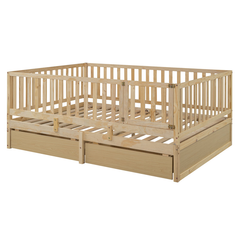 Full Size Wood Daybed with Fence Guardrails and 2 Drawers, Natural