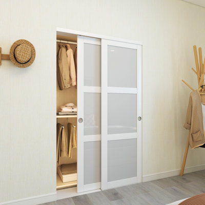 60"X80" 3-Lite Vinyl Wrapped White Painted Glass Solid Core Sliding Closet Doors With Hardware Kit(Pre-Assembled Door)
