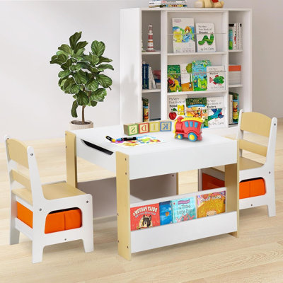 Kids Wood Table & 2 Chairs Set, 4 in 1 Children Activity Table w/Double Bookcase, Blackboard, Toddler Furniture Set by Isabelle & Max