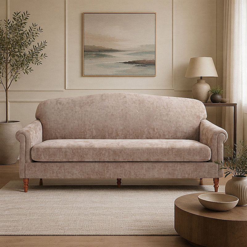 Élégante causeuse 2 places avec accoudoirs roulés et tissu chenille, Chenille avoine