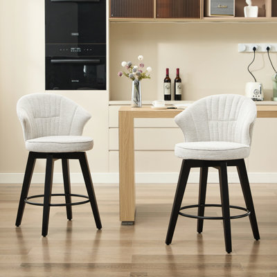 25" Counter Height Swivel Bar Stools  2  - Solid Wood Legs, Chenille Upholstery In White, Leveling Feet For Kitchen Island, Home Pub, Dining Room Exquisite Adjustable  2Pcs  Wood, Chenille, Kitchen,