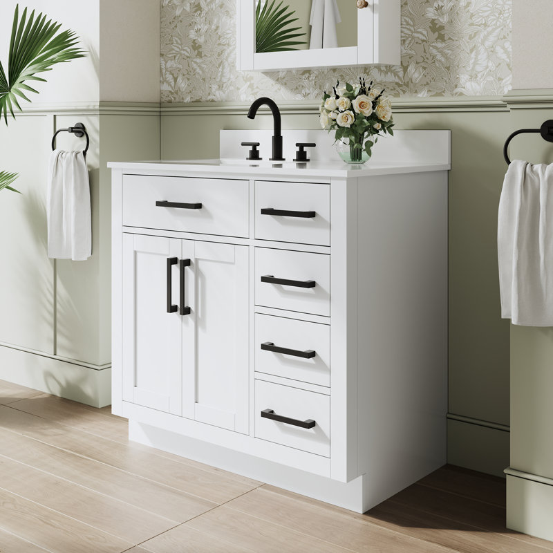 36" W x 35" H Freestanding Bathroom Solid Wood Vanity With White Cultured Marble Countertop And Ceramic Single Sink,White