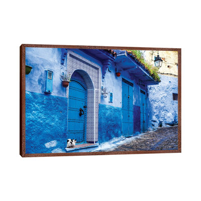 Chefchaouen, Morocco. Cat and Blue Door and Buildings 1 Piece Wall Art on Canvas