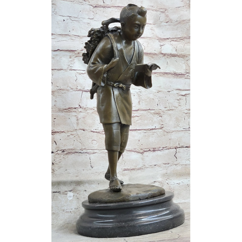 Statue art déco en bronze à base de marbre, écolier chinois