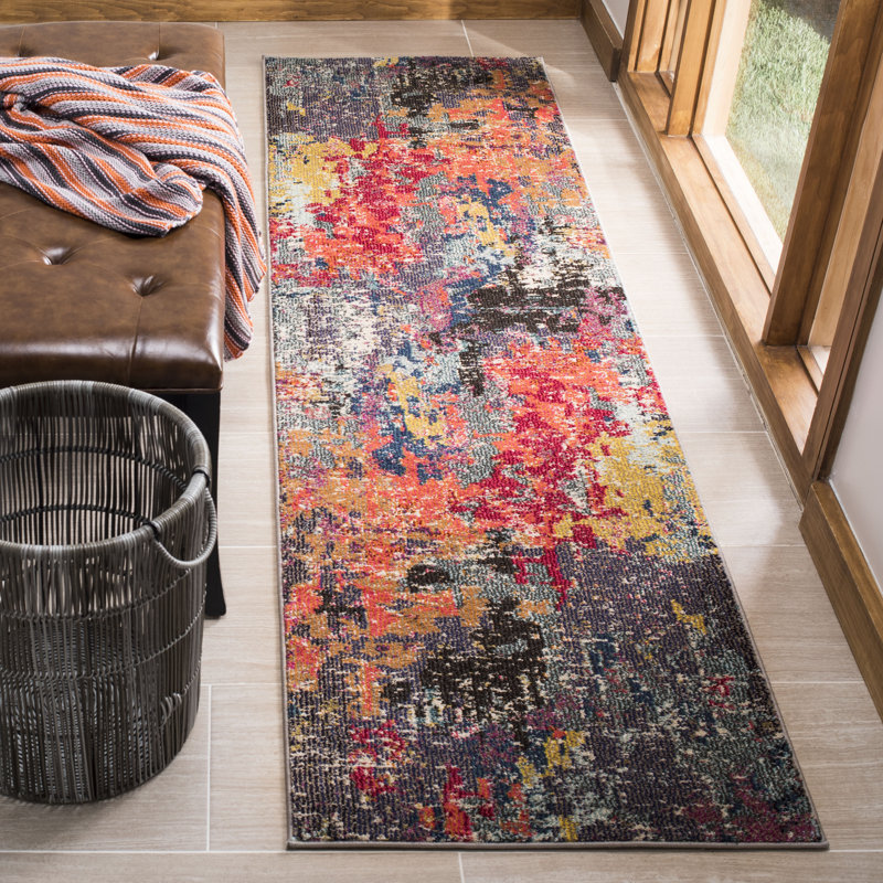 Tapis abstrait bleu / orange Hertzler, Tapis de couloir 2 pi 2 po x 8 pi