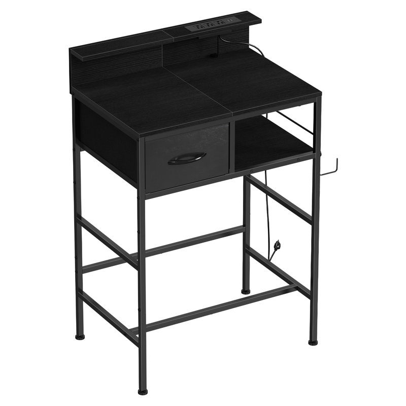 Black Vanity Desk with Charging Station and Storage Drawer