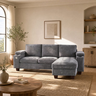 100" Corduroy L-Shaped Sectional Sofa with Reversible Storage Chaise, Modern Modular Couch with Cup Holders, USB Ports & Storage Armrests for Living Room