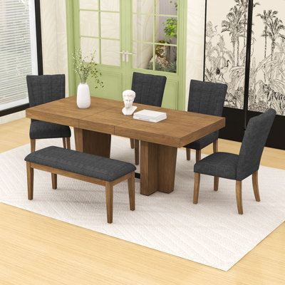 6Pcs Farmhouse Extendable Dining Table Set with Trestle Legs Table, Bench and 4 Upholstered Chairs