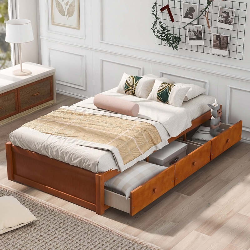 Jacob-James Twin Solid Wood Storage Platform Bed, Oak