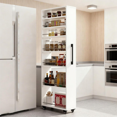 7-Tier White Narrow Rolling Pull-out Gap Storage Cart, Slim Mobile Open Shelving Unit with Guard Rails & Side Handle for Kitchen Fridge Gap, Laundry Room & Pantry Storage Organizer