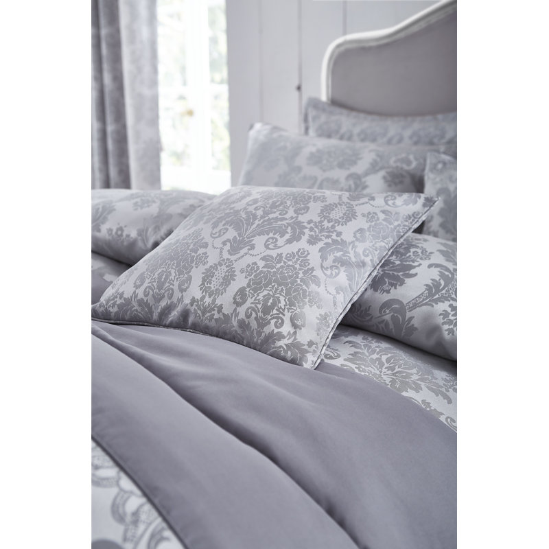 Damask Jacquard Duvet Cover Set with Pillowcases, Silver, King Duvet Cover + 2 Standard Pillowcases