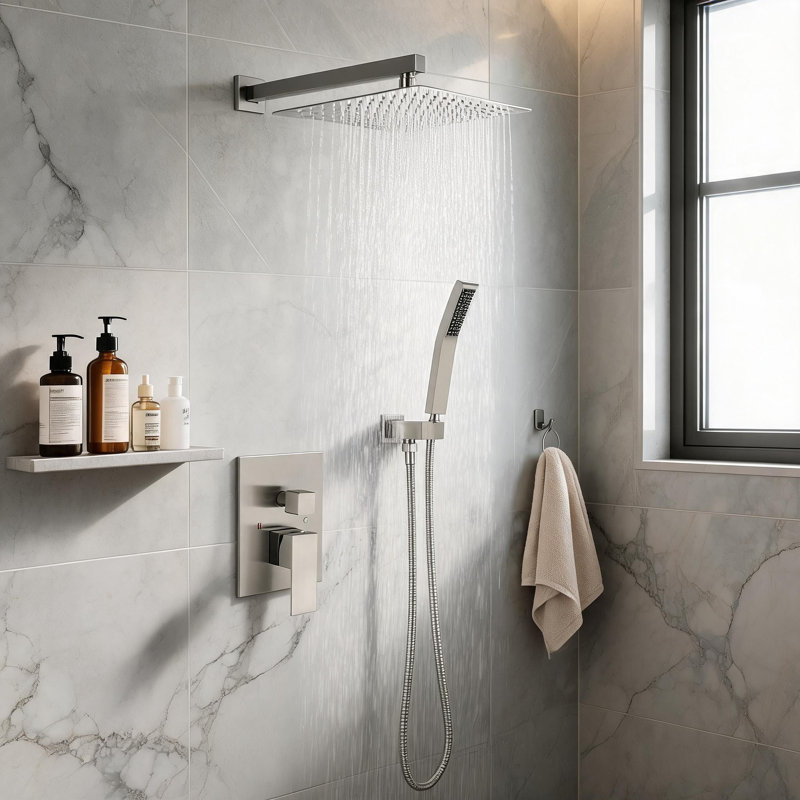 Système de pomme de douche mural 10 pouces en laiton nickel brossé et acier inoxydable avec douche à main et valve à équilibrage de pression