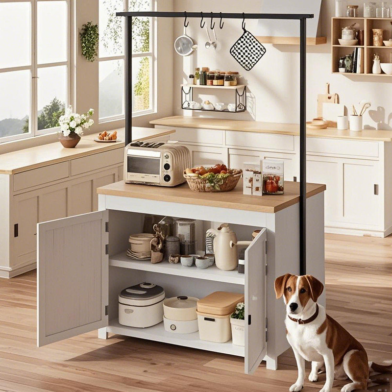 Îlot de cuisine 42 po avec rangement, table pour îlot multifonctionnel avec tablettes à 2 niveaux, comptoir de cuisine avec 5 crochets pour la cuisine, la salle à manger