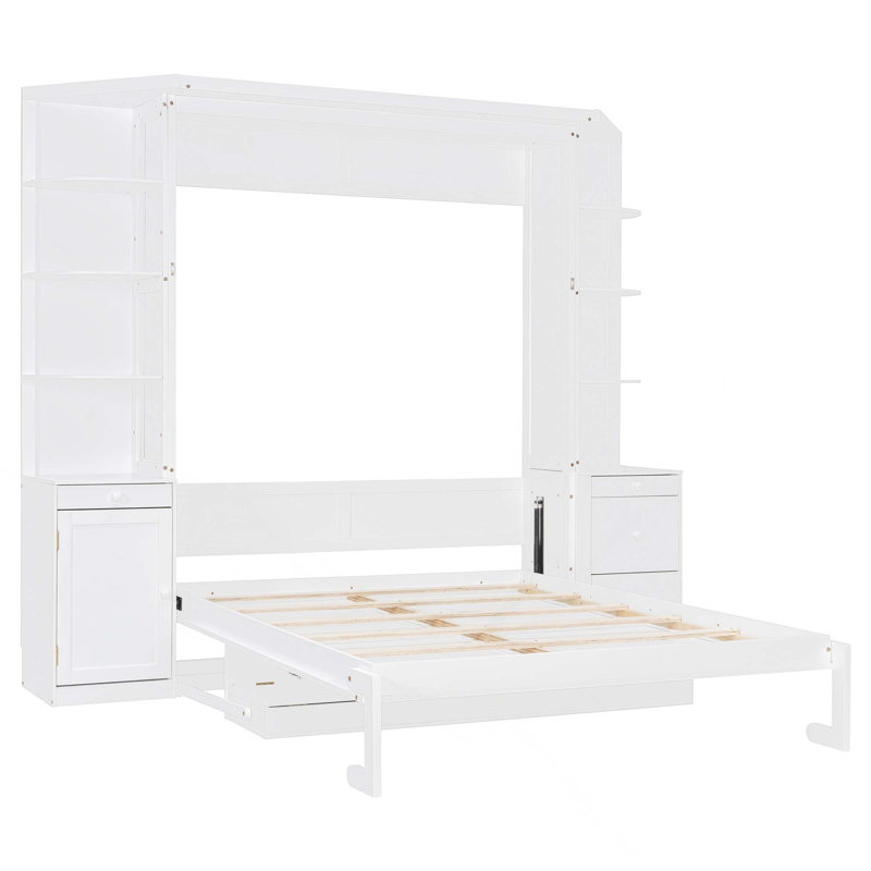 Grand lit escamotable mural avec bureau, tablettes de rangement et armoires pour un bureau à domicile peu encombrant, White