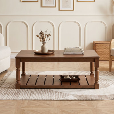 Farmhouse Rectangular Coffee Table with Open Storage Shelf and Turned Legs for Living Room