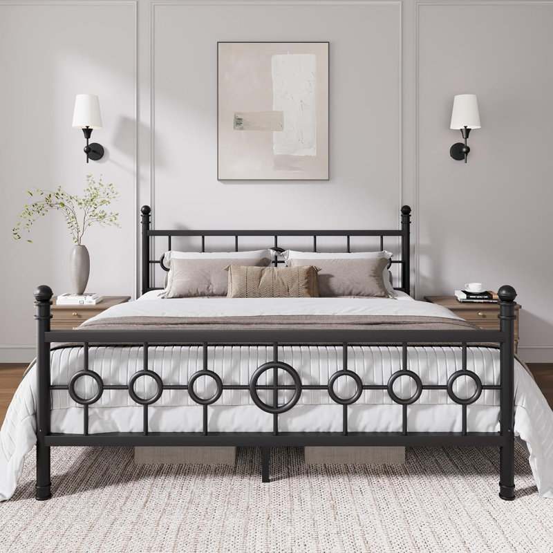 Cadre de lit circulaire vintage en métal - Taille King - Plateforme en fer robuste - Silencieux - Montage facile - Sommier non requis - Rangement sous le lit - Noir - Spécifications : Lit king, Couleur : Noir