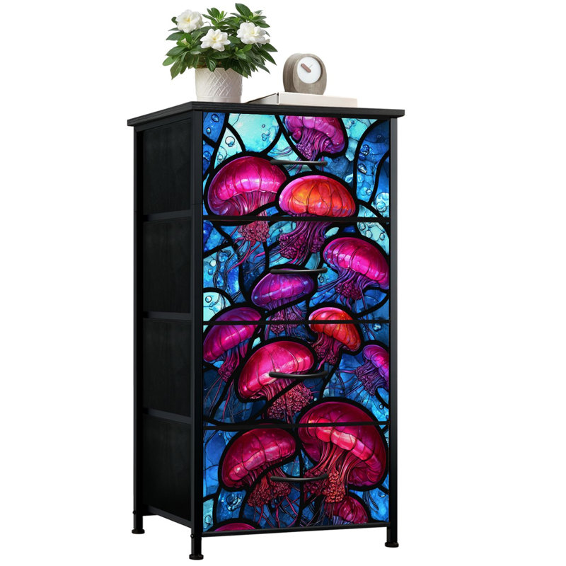 Stained Glass Style Dresser for Bedroom with 4 Storage Drawers Jellyfish Dressers Chest of Drawers Steel Framed Fabric Closet Organizers for Dorm Entryway