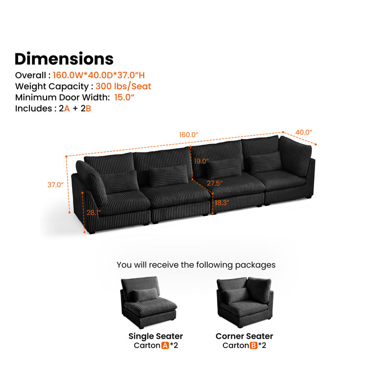 Cloud Sectional Oversized Modular Sofa,160" 4 Seater Corduroy Wide Seat Sectional with Reversible Chaise,Big Sleeper Sofa Bed,
