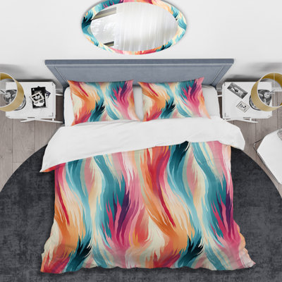 Turquoise And Pink Ethereal Ikat Fusion Box Stitch Abstract Duvet Cover