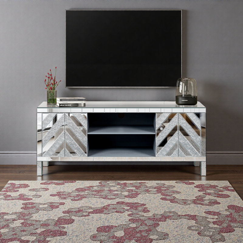 Meuble télé en miroir pour téléviseur de 65 pouces et plus, console de télévision avec rangement ouvert et 2 armoires de rangement, portes de miroir en forme de M pour le salon (l 59 po x H 25,2 po x P 15,7 po)