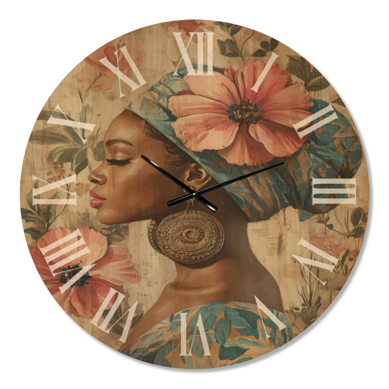 Horloge murale en bois bleu bohème avec couronne florale Muse I, Extra Large
