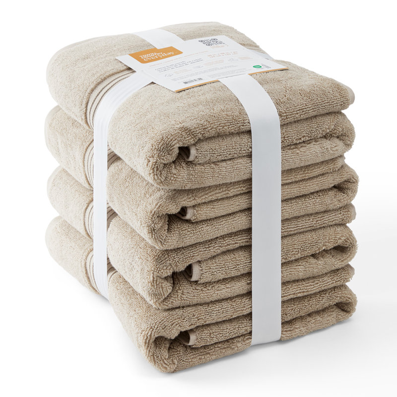 TOWN & COUNTRY EVERYDAY 4-Piece Solid Dobby Border Bath Towel Set, 30x58-Inch, 100% Cotton, Beige, Beige