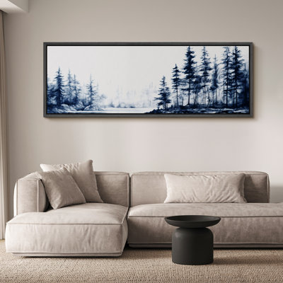 Woodland Forest Landscape " Misty Navy Blue Pine Woodland Lake Nature Landscape Rustic Retro Art Decor Extra Large Pictures " Print