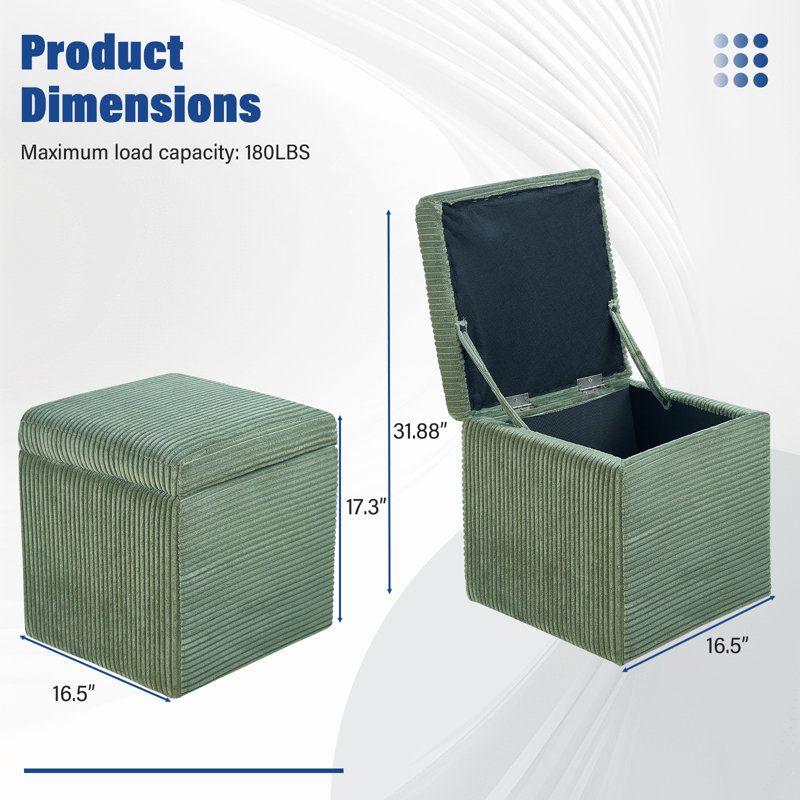 16.5" Corduroy Storage Ottoman With Flip-Top Lid, Upholstered Small Bench For Entryway, Bedroom, Or Living Room, Green