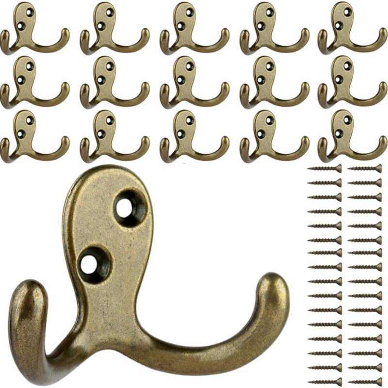 Paquet de 16 crochets muraux robustes à double griffes, crochets muraux en laiton antique rustique pour manteau, écharpe, sac, serviette, clé, casquette, tasse, chapeau