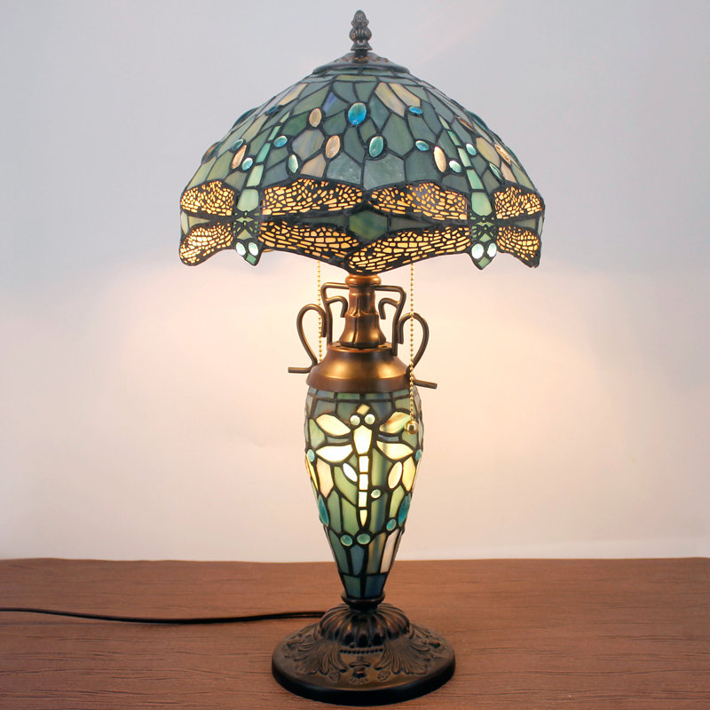 Ailee Tiffany Table Lamp Sea Blue Stained Glass Dragonfly Style 12X12X22 Inches Mother-Daughter