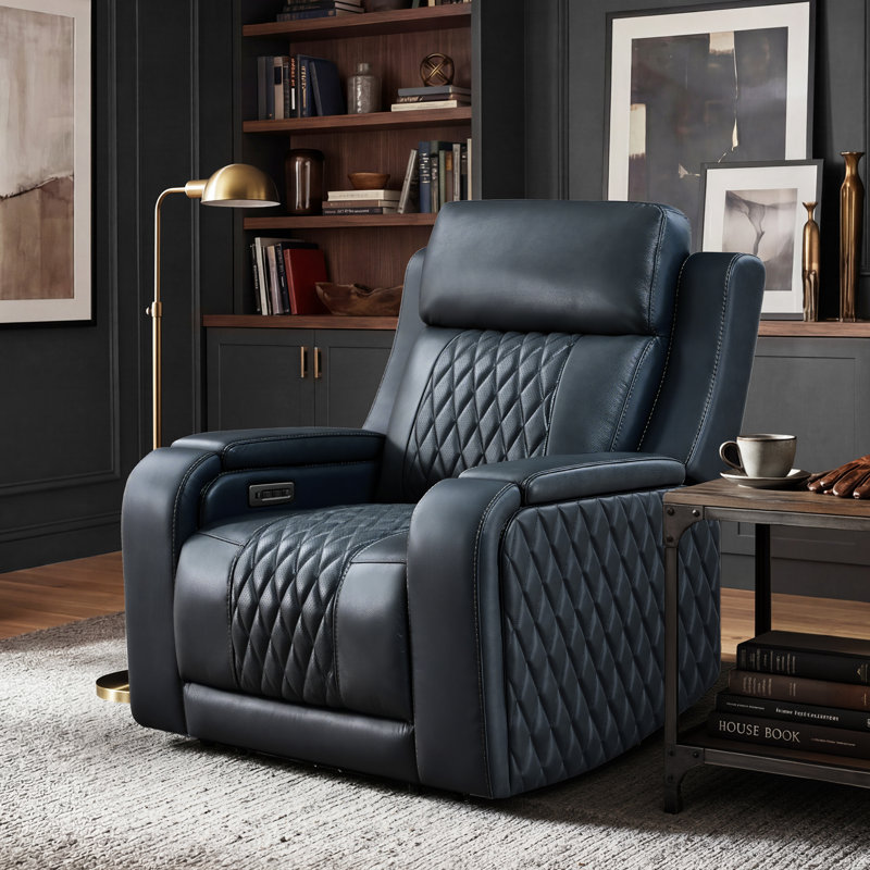 Dual Motor Power Recliner with Top-Grain Leather, Heat & Massage – 165° Lay Flat, Navy