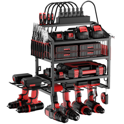 4-Layer 6-Drill 4-Hook And 6-Socket Power Strip Wall Mounted Storage Rack And Tool Rack, Black