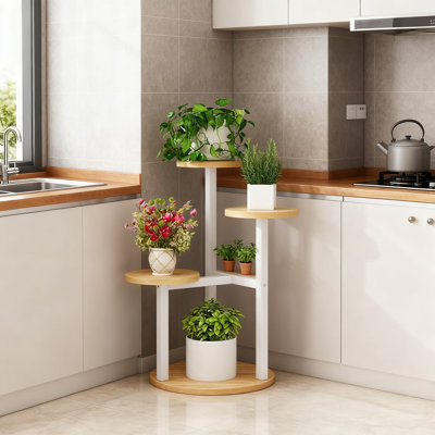 Support à plantes à 4 niveaux pour plantes d'intérieur, tablette d'angle en métal et en bois pour pots de fleurs multiples, présentoir de jardin vertical peu encombrant pour salon, patio, balcon