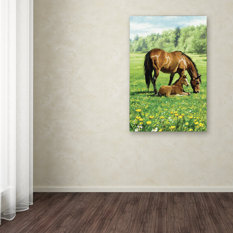 Large Green and Brown Canvas Art with Horses in Field
