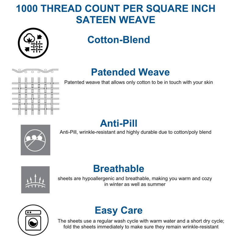 Bibb Home 1000TC Egyptian-Quality Cotton Rich 6-Piece Sheet Set, King Sheet Set w/ 4 King Pillow Case, Denim