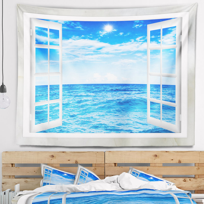 Tapisserie de mer ouvert à la fenêtre mer en ondulé bleu, H 68 po x l 80 po