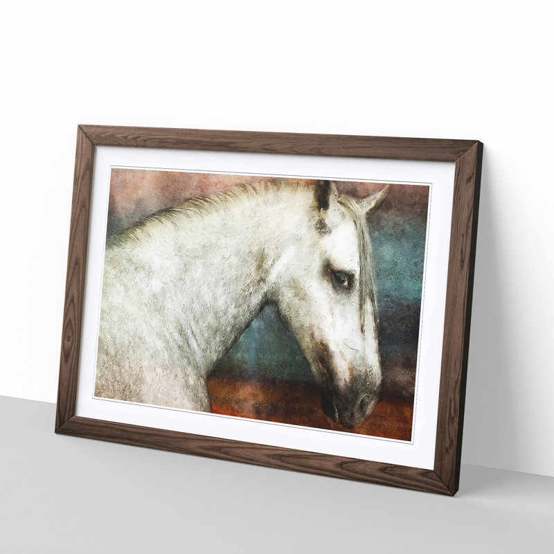White Horse Portrait - Picture Frame Painting Print, 24cm H x 33cm W x 2cm D, Walnut Framed