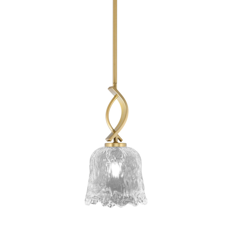 Mini suspension Waldes Stem Hung présentée ici en finition laiton New Age avec verre lave transparent de 18 cm, Clear/Brass