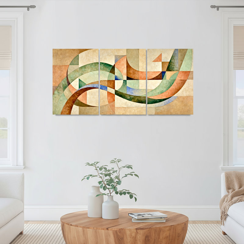 Ensemble de 3 tableaux géométriques abstraits aux lignes courbes sur toile tendue, H 18 po x l 36 po