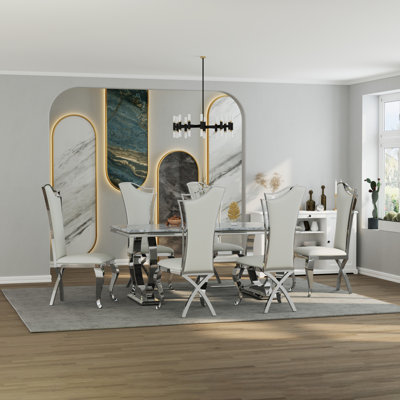 Luxury Dining Table Set With 6 Leather Dining Chairs