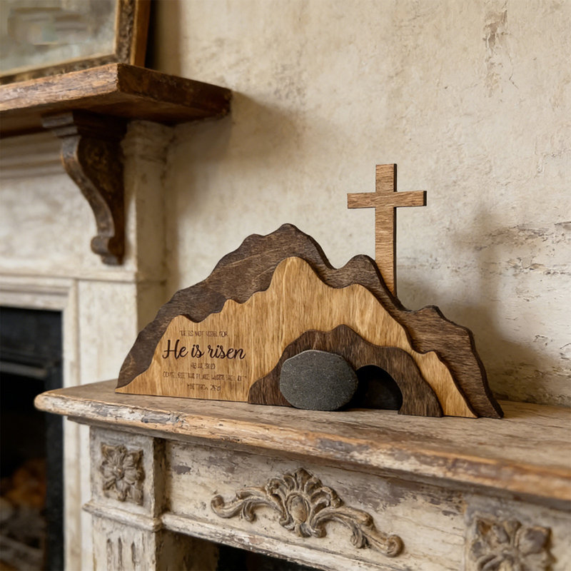 La tombe vide, scène de Pâques et décoration en bois à Pâques, 1.18" H x 6.69" W x 9.84" D, color
