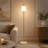 64" Modern Glam Brass Metal Floor Lamp with Ribbed White Glass Shade and Marble Base-2091761913