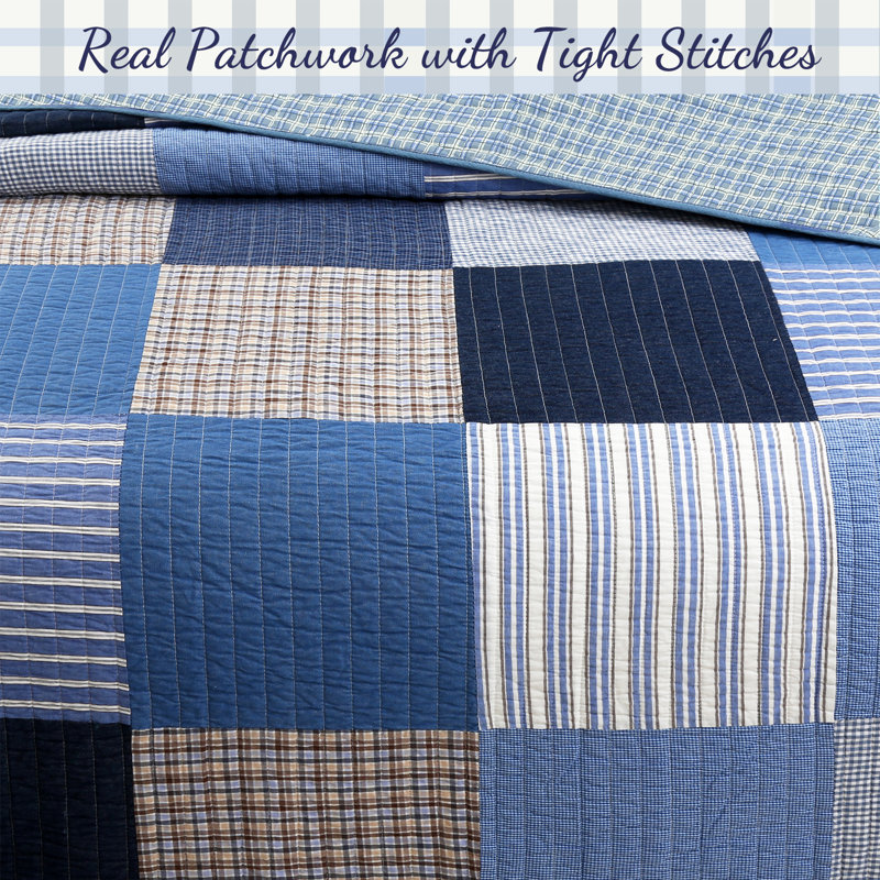 Blue Plaid Patchwork Cotton Twin Reversible Quilt Set