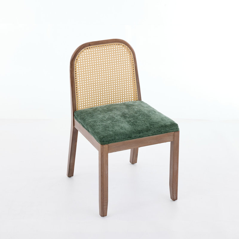 Ensemble de 2 chaises de salle à manger courbées arquées à dossier en canne, chaises d'appoint de style campagne Mid-Century, structure en bois massif vieilli, coussin en chenille avec ressort en S et éponge, chaises d'appoint sans accoudoirs pour la cuisine, vert