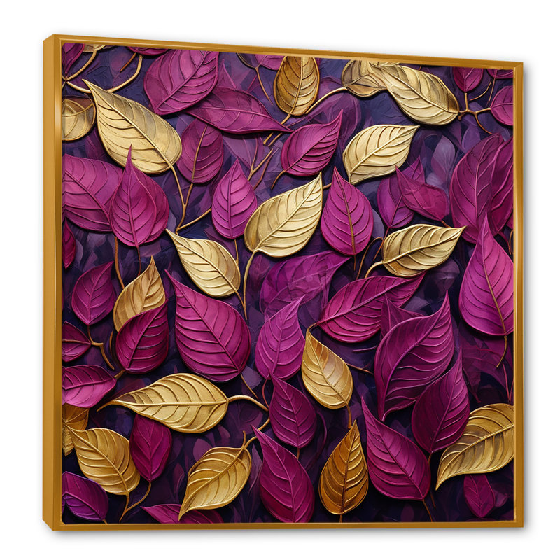 Feuilles dorées et roses charmantes I, Cadre flottant doré, H 30 po x l 30 po x P 1 po