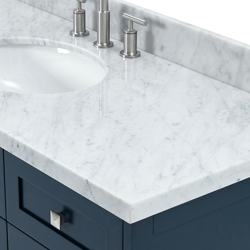 ARIEL Monroe 54 Single Sink Bathroom Vanity with Carrara Quartz Top, 55", Carrara White Marble, Midnight Blue